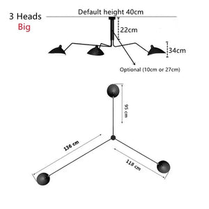 The Sleek Industrial Pendant Light features a diagram of a 3-headed ceiling fixture with dome-shaped shades, adjustable heights of 40cm (default), 22cm, or 34cm; arm lengths of 136cm and 118cm; and a dimension of 95cm. Brass connection points enhance its elegant design.