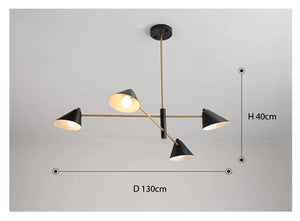 This modern Multi-Arm Ceiling Light features a black and gold pendant design with four cone-shaped shades on a brass frame, measuring 130cm wide and 40cm high.