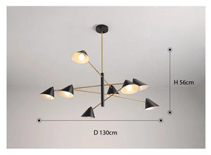 The Multi-Arm Ceiling Light is a stunning black and gold chandelier featuring six cone-shaped lights on a sleek metal structure. Measuring 130cm in diameter and 56cm in height, this modern fixture adds elegance to any space.