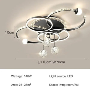 The Elegant Multi-Ring Ceiling Light is a modern LED sculptural fixture featuring a circular and spherical design, measuring 110x70x10cm and providing 148W of power, suitable for living rooms or halls sized 25-35m².