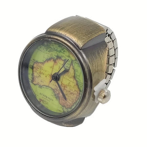 The Retro Aussie Ring Watch features a metallic band and a face with a green and yellow map of Australia, blending vintage style with national pride.