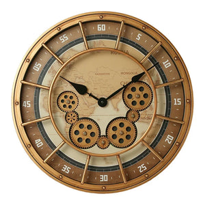 The Industrial Gearworks Wall Clock features a round design with visible brass gears, a world map background, and metallic hour markers marked every five minutes.