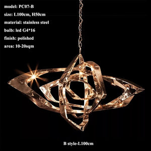 The Elegant Industrial Gallery Pendant features polished stainless steel twisted rings, 16 G4 LED bulbs, chain suspension, and measures 100cm x 50cm—an ideal sculptural LED pendant for 10-20 sqm spaces.