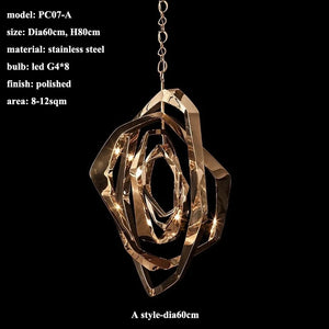 The Elegant Industrial Gallery Pendant is a gold polished stainless steel fixture with geometric rings, 8 LED bulbs, model PC07-A, 60cm diameter, 80cm height—perfect for lighting 8-12 sqm spaces in modern style.