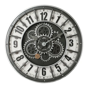 The Industrial Gearworks Wall Clock features exposed black and gray gears, a silver frame, and bold black numbers on a white face—an ideal statement piece for adding an industrial touch to any room.