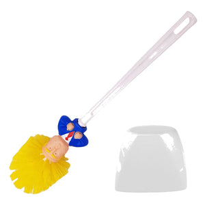 The Trump Tidy Toilet Brush features a cartoon Trump figure handle, yellow bristles resembling hair, and a white holder—a novelty bathroom accessory that makes cleaning more entertaining.
