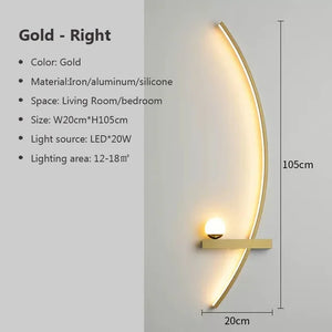 The Arc Wall Sconce is a stylish and modern, wall-mounted crescent-shaped light fixture in gold, crafted from iron, aluminum, and silicone. Measuring 105 cm in height and 20 cm in width, it provides an ideal lighting solution for living rooms or minimalist bedrooms with its 20W LED light source.