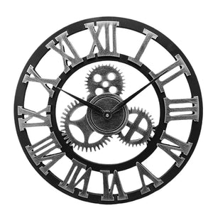 The Retro Gear Wall Clock features a vintage design in black and silver, showcasing Roman numerals and intricate gear motifs.