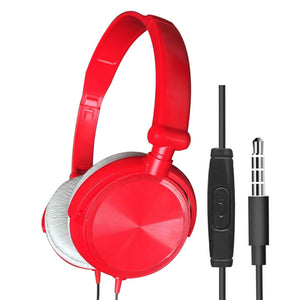 The Wired Bass Stereo Headphone in red features over-ear design, high-definition drivers, an inline microphone, and a 3.5mm audio jack, displayed against a white background.
