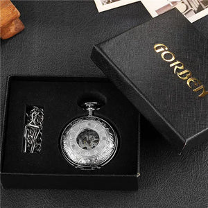 The Vintage Mechanical Pocket Watch, featuring a visible mechanism and chain, is displayed in a black "GORBEN" gift box, capturing classic Victorian elegance.
