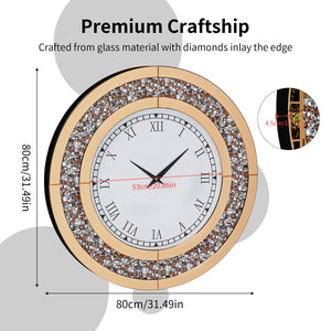 Modern Luxury Roman Numerals Wall Clock: Round, gold frame with diamond inlay and Roman numerals; 80 cm diameter, 4.5 cm thick. Features and dimensions clearly labeled.