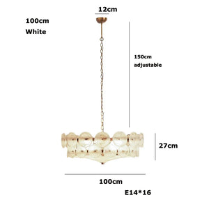 The Italian Retro Pendant Light is a round mid-century modern chandelier with glass globes, 100cm diameter, 27cm height, 12cm ceiling mount, and a 150cm adjustable white chain. It uses 16 E14 bulbs and is inspired by Italian artisan lighting.