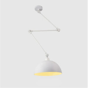 The Zig Zag Pendant Light is an adjustable white ceiling lamp with an industrial design, featuring a dome pendant and articulated arms against a plain gray background.