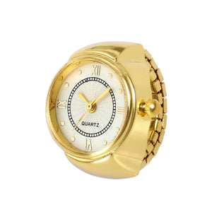 The Eternal Ring Watch features a gold-colored quartz design with a round face, Roman numerals, and a metal link band, shown against a white background.