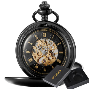The Vintage Mechanical Pocket Watch features a black case, visible gold mechanical movement, Roman numerals, and open cover, shown beside a black Gorben gift box.