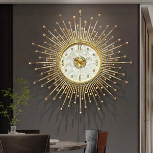 The Premium Sun Wall Clock hangs above the dining table and chairs in a modern, neutral-toned room, adding a touch of elegance to the decor.