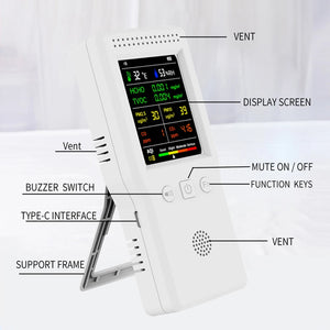 A white electronic device with text, designed to be a portable air quality detector and personal guardian against pollutants.