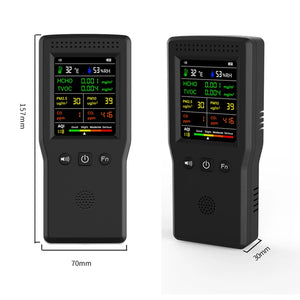 A white electronic device with text, designed to be a portable air quality detector and personal guardian against pollutants.