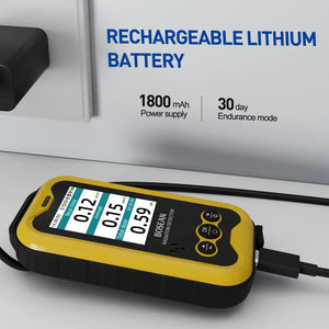 A Nuclear Radiation Detector meter with a rechargeable lithium battery attached to it.