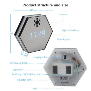 Annotated diagram showing the features and dimensions of a multifunctional Clock SpyCam with an infrared night vision camera.