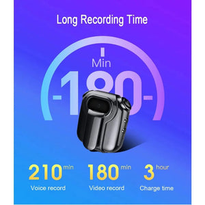 An image showcases the sleek black Smart Necklace SpyCam, emphasizing its "Long Recording Time." It features 210 minutes of voice and 180 minutes of video recording, with a 3-hour charge time, set against a blue and purple gradient backdrop.