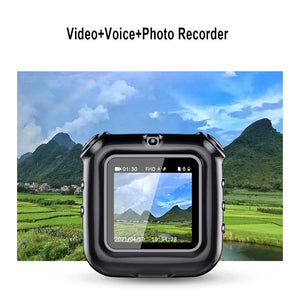 The Smart Necklace SpyCam captures a mountains and fields landscape with on-screen timestamp and icons, seamlessly integrating technology into daily life.