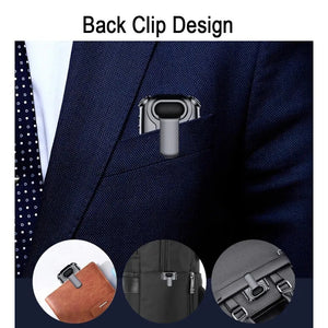 A Smart Necklace SpyCam clipped to a suit pocket, with three circular insets showing it attached to different bags, cleverly disguised as wearable technology.