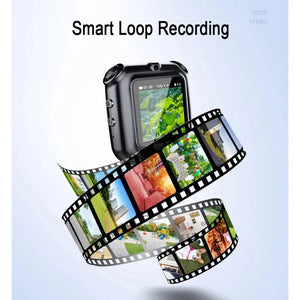 A digital camera screen shows greenery with a spiraling outdoor film strip. "Smart Loop Recording" text highlights the Smart Necklace SpyCam for discreet adventure capturing.
