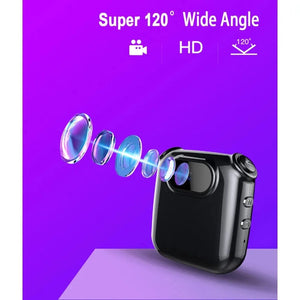 The Smart Necklace SpyCam is shown as a compact black camera with multiple lens elements, featuring a 120-degree wide-angle view. The text "Super 120° Wide Angle" and "HD" are displayed on a stylish purple background.
