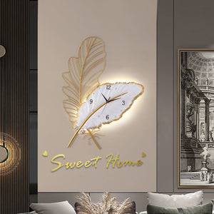 wall clock light | wall clock that lights up at night | oversized illuminated wall clock | illuminated wall clock | feather light fixture | feather art | feather art | metal feather wall decor | feather wall light | large metal feather wall art | 3 piece feather wall art | feather wall sconce