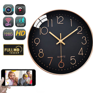 Introducing the Wall Clock SpyCam: a black wall clock featuring gold numbers and hands, designed to blend seamlessly into any room for discreet surveillance. It boasts HD 1080P video recording, motion detection, WiFi connectivity, and can store up to 128GB. The image shows a person viewing family photos on their smartphone.