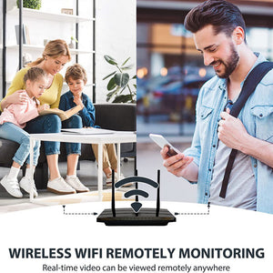 A woman and two children sit on a sofa with a tablet under the wireless WiFi remote surveillance of an Astronaut Moon Clock SpyCam, while a man stands nearby with a bag. The image of the router looms like the product’s namesake in space.