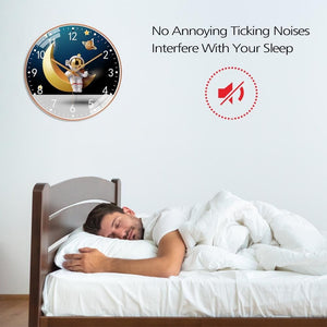 A man sleeps peacefully in bed under a blanket beside an Astronaut Moon Clock SpyCam. Text reads, "No Annoying Ticking Noises Interfere With Your Sleep.