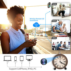 A person uses a smartphone on the street with graphics showcasing the 1080P WiFi surveillance suitable for family, elderly, and office use. It highlights compatibility with many devices, featuring the discreet Roman Numeral Clock SpyCam for comprehensive home surveillance.