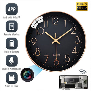The Wall Clock SpyCam is a black wall clock featuring golden numbers and hands. It offers HD 1080P video quality, a Micro SD card slot, a built-in microphone, a battery, motion detection capabilities, and remote viewing via an Android/iOS app. The camera lens is visible.