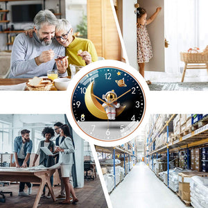 A four-part collage: elderly couple dining, child peeking through a door, business team meeting, and industrial warehouse aisle; centered is an Astronaut Moon Clock SpyCam.
