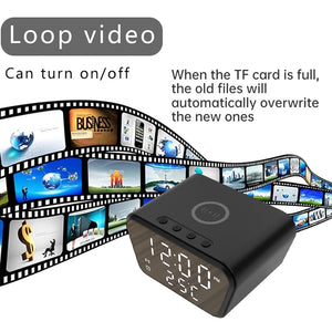 Digital clock charger with built-in SpyCam featuring loop video recording that overwrites old files when storage is full, and comes with iPhone & Android support for discreet monitoring.