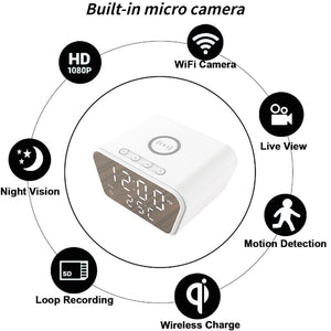 Digital alarm clock with built-in 1080p micro wi-fi camera featuring night vision, live view, motion detection, loop recording, wireless charging capabilities, and discreet monitoring. Compatible with iPhone & Android