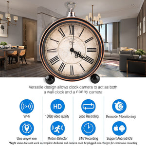 The Roman Numeral Clock SpyCam discreetly surveils your home, offering Wi-Fi, 1080p video, loop recording, remote monitoring, motion detection, and 24/7 recording. It effortlessly syncs with Android and iOS devices.