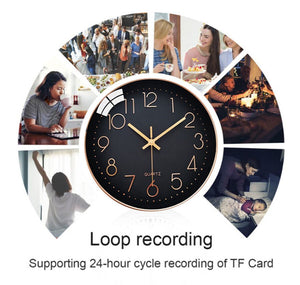 A black Wall Clock SpyCam with yellow hands and numbers is centered around six photos depicting daily activities. Text below reads, "Loop recording supporting 24-hour cycle recording of TF Card." The Wall Clock SpyCam offers HD 1080P video quality and motion detection for enhanced security.