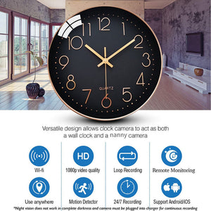 A sleek black Wall Clock SpyCam with HD 1080P resolution is showcased in a contemporary living room. Features like Wi-Fi connectivity, HD video quality, motion detection, 24/7 recording capability, and compatibility with both Android and iOS devices are highlighted through icons below.