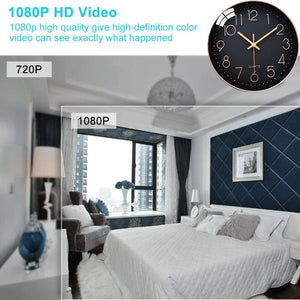 Comparison of video resolution showing a bedroom. The 720p section appears less clear than the Full HD 1080P section, which offers high-definition quality, highlighting room details more sharply. The setup features a Wall Clock SpyCam. Clock image inset.