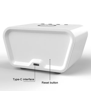 The Clock Charger SpyCam is a sleek white device with a curved front, Type-C interface, and reset button on its lower edge. It's ideal for discreet home surveillance and records 1080P video.