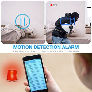 The Roman Numeral Clock SpyCam captures a person in a hoodie entering a monitored room, with a smartphone screen showing motion detection alerts marked by red alarm icons and enhanced 1080P WiFi surveillance.