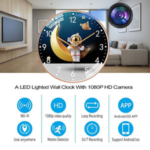 Meet the Astronaut Moon Clock SpyCam, an LED wall clock with a concealed 1080P HD spy camera. It offers Wi-Fi, motion detection, continuous recording, and works with Android/iOS apps—all seamlessly incorporated into its unique astronaut and planet design.