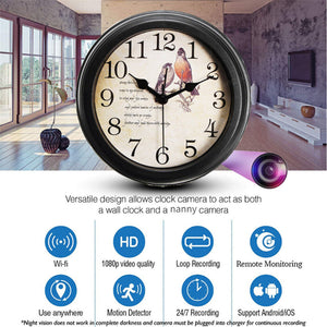 The Bird Clock SpyCam is a stylish wall clock with a bird motif that functions as a nanny cam, featuring 1080p video, Wi-Fi, night vision, motion detection, loop recording, and provides 24/7 remote monitoring on Android/iOS devices.