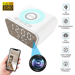 Digital alarm clock with iPhone & Android support, featuring discreet monitoring and wireless charging capabilities, displaying certifications for safety standards.