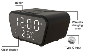Digital alarm clock with temperature display, wireless charging area for iPhone & Android support, and type-c input.