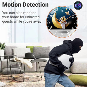 A thief in a black mask steals a laptop under the watchful eye of the Astronaut Moon Clock SpyCam, which discreetly records the scene. Text: "Motion Detection: Monitor your home for uninvited guests.