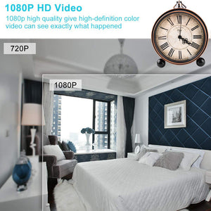 Compare a bedroom photo in 720P vs. 1080P resolution to evaluate the Roman Numeral Clock SpyCam's clarity. The room features a bed, chair, and window with cityscape; labels highlight resolution differences.